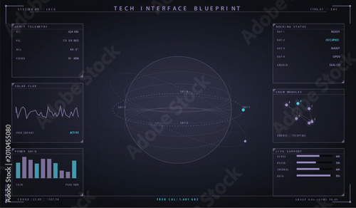 Photos Futuristic space station control interface dashboard with orbital telemetry and