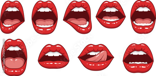 Photos Vector Illustration of Different Mouth Expressions with Red Lips, Open and Close