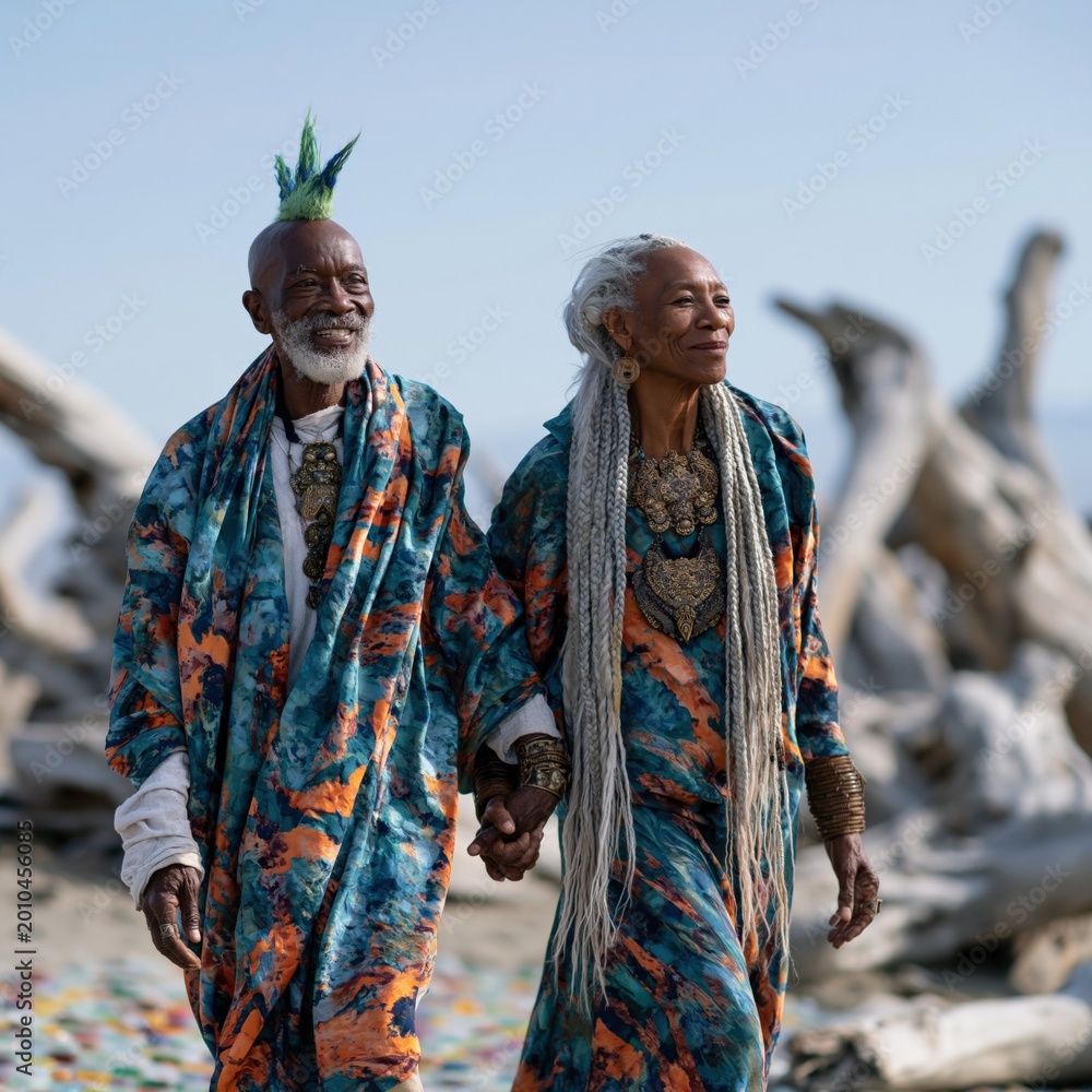 Fototapeta premium Elderly couple wearing colorful robes walking on driftwood beach
