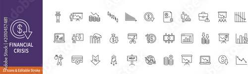 Photos Financial crisis icons set minimalist line art, Economic downturn outline vector