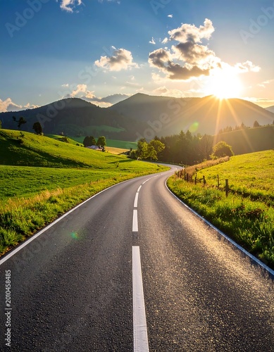 Winding rural road curves through lush green hills under a golden sunset