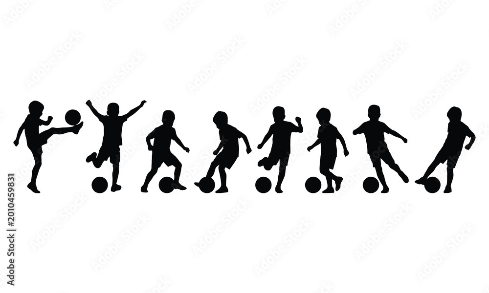Obraz premium A series of black silhouettes depicting young boys playing soccer in different positions.