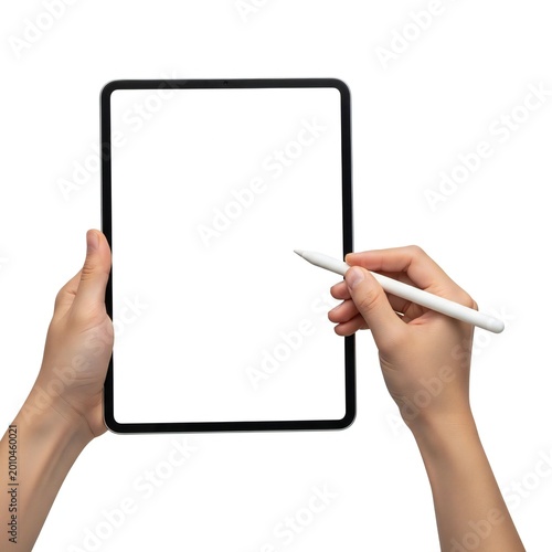 Person using stylus on digital tablet screen isolated on white background