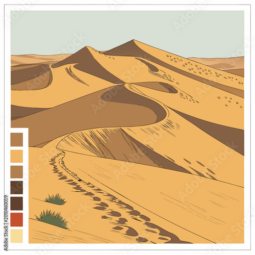 Sand dunes in the desert with color palette guide landscape illustration