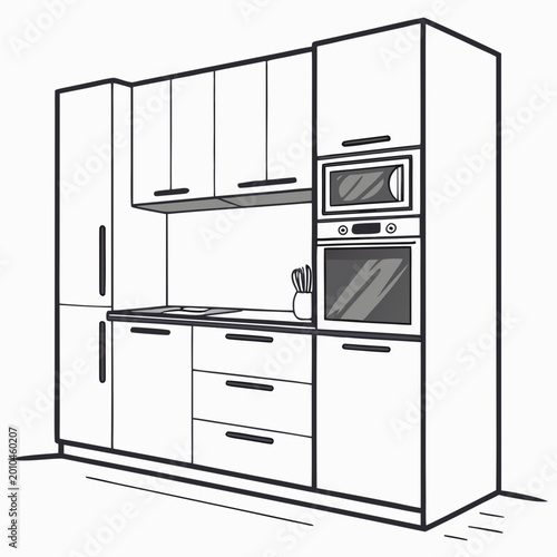 Schilderij op canvas Line art illustration of a modern kitchen interior with built-in appliances