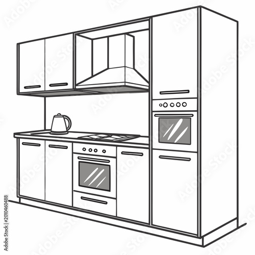 Fényképezés Modern kitchen line art design with stove range hood and cabinets, real estate