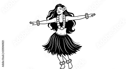 Fotografie Hula Girl, Vector Illustration, Black and White, Dance Icon, Traditional Costume