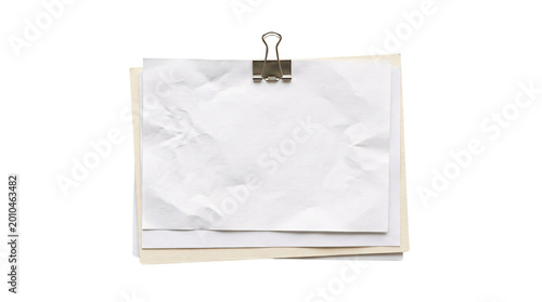 Crumpled White Paper Sheets Held by Binder Clip on Transparent Background