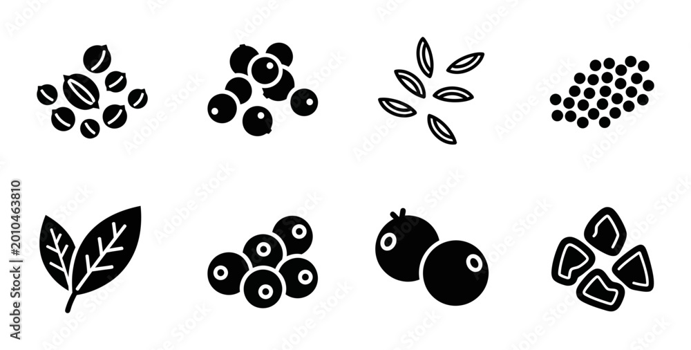 Fototapeta premium 8 Spice silhouette icons peppercorn bay leaf cumin seed, solid black style, food cooking category