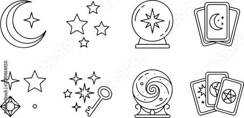 Foto Esoteric and fortune-telling icon set featuring crystal balls, tarot cards, moon and stars, minimalist line art for mystical and magic themes