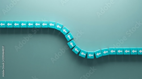 Path of blue-green blocks with white arrows showing a sudden sharp downturn symbolizing financial crisis market decline