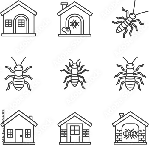 Set of nine line depicting houses and insects home