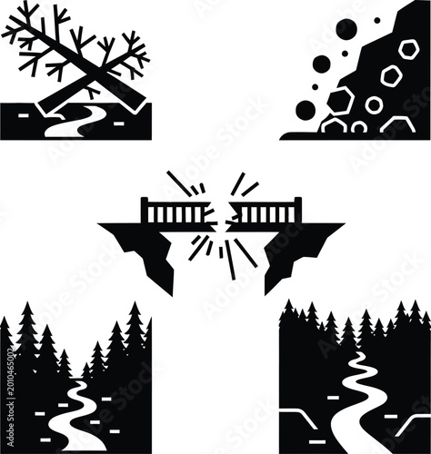 Set of five black and white depicting natural disasters and environmental damage
