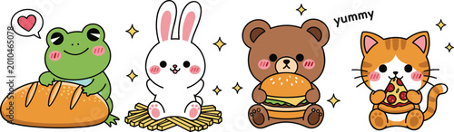 Collection of cute kawaii animal mascots featuring frog with bread, bunny with fries, bear with burger, and cat eating pizza slice.