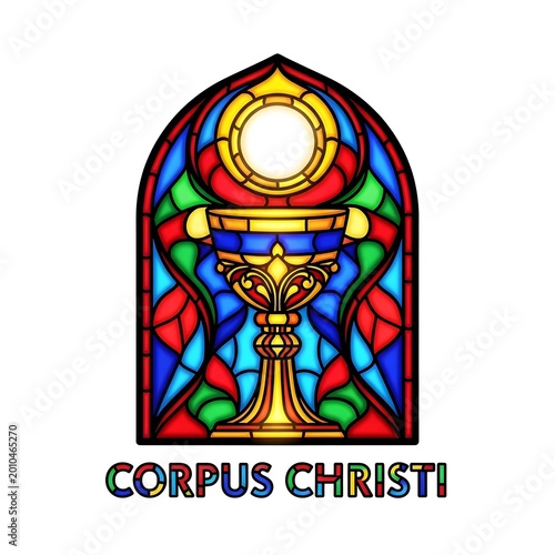 Stained glass window depicting the eucharist and the holy spirit