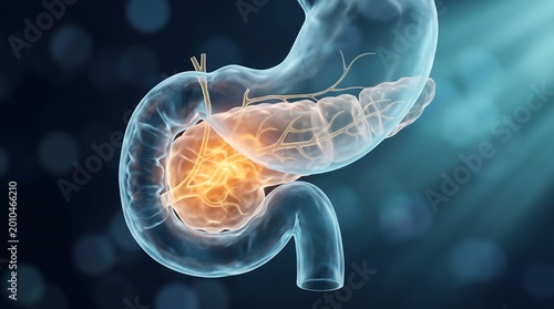 Human pancreas anatomy inflammation concept, frosted glass medical render with highlighted pancreatic head hotspot and detailed ducts, gastroenterology digestive system visualization