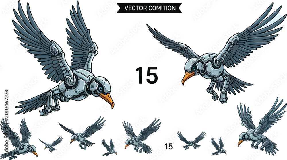Fototapeta premium Mechanical robot birds in flight, silver metal bird set