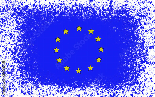 European Union Flag with Artistic Blue Paint Splatters and Golden Stars