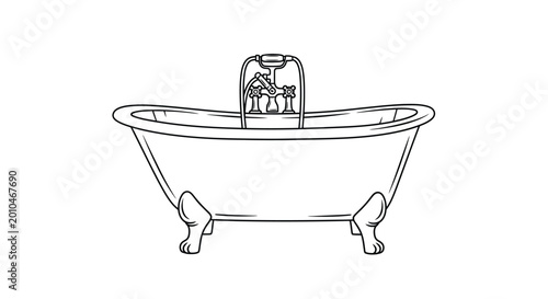 Foto Vintage clawfoot bathtub with beverage illustration in black and white
