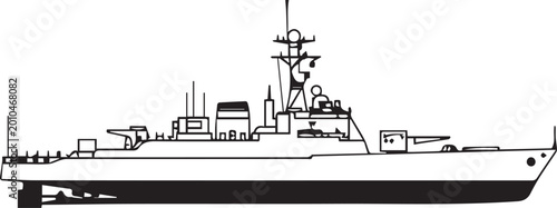 Tableau sur toile A detailed blueprint illustration of a modern naval warship, showcasing its sleek silhouette and armament details, ideal for design or educational purposes