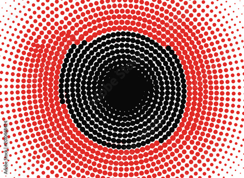 Vibrant red and black dot pattern vector illustration with concentric circles, flat design