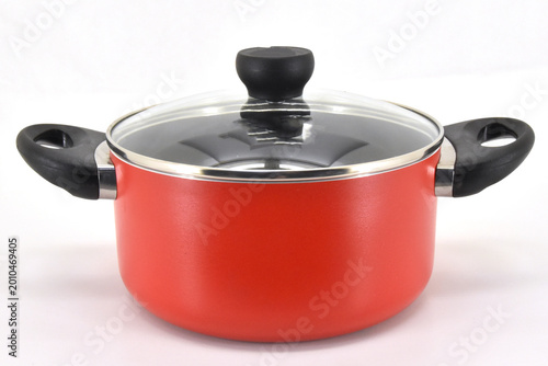 Fotografie Durable red cooking pot isolated on white, ideal for boiling and cooking large m