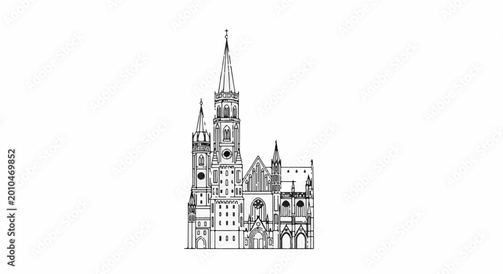 Obraz premium Intricate line drawing of a large gothic cathedral with tall spires