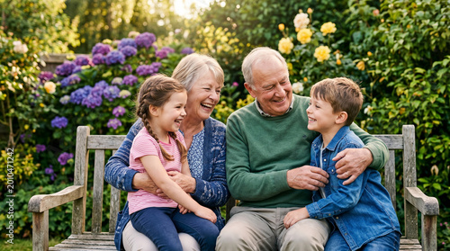 Elderly couple smiling and playing with grandchildren in garden  