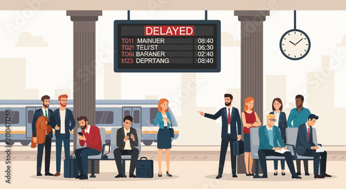 Quadro em tela Commuters waiting at a train station platform with a delayed schedule board
