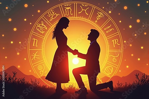 Astrology-Inspired Silhouette Photo of Couple's Romantic Sunset Proposal