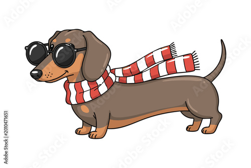 Cool dachshund dog wearing sunglasses and a striped scarf