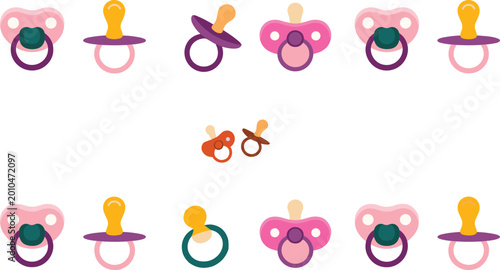 Fotografie Baby Pacifier and Dummy Vector Icon Set with Colorful Pink Yellow Purple and Gre