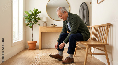 Elderly man sitting on bench while tying his shoes in a hallway  
