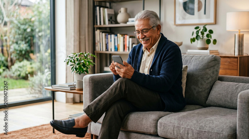 Elderly man smiling while using smartphone at home in modern living room  