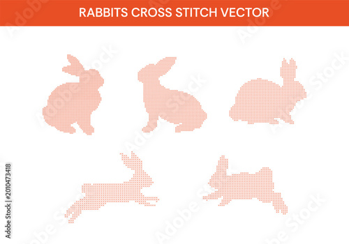 Rabbit and bunny silhouettes in cross stitch embroidery vector style