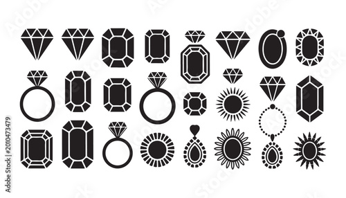 Photos Assorted set of solid black silhouette jewelry icons featuring rings gemstones and luxury accessories