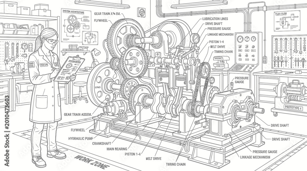 Obraz premium A detailed illustration of a complex mechanical engine with a scientist observing it in a workshop setting.