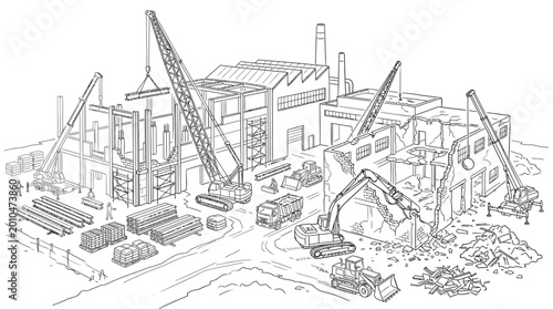 An industrial scene depicting the demolition and construction of large factory buildings with various heavy machinery and workers.