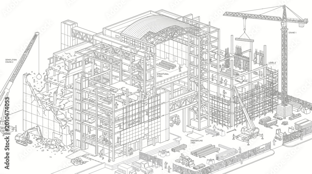 Obraz premium An intricate architectural illustration depicting the complex construction process of a large industrial building with cranes and scaffolding.