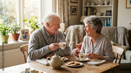 Elderly couple enjoying tea and conversation at home in cozy setting  