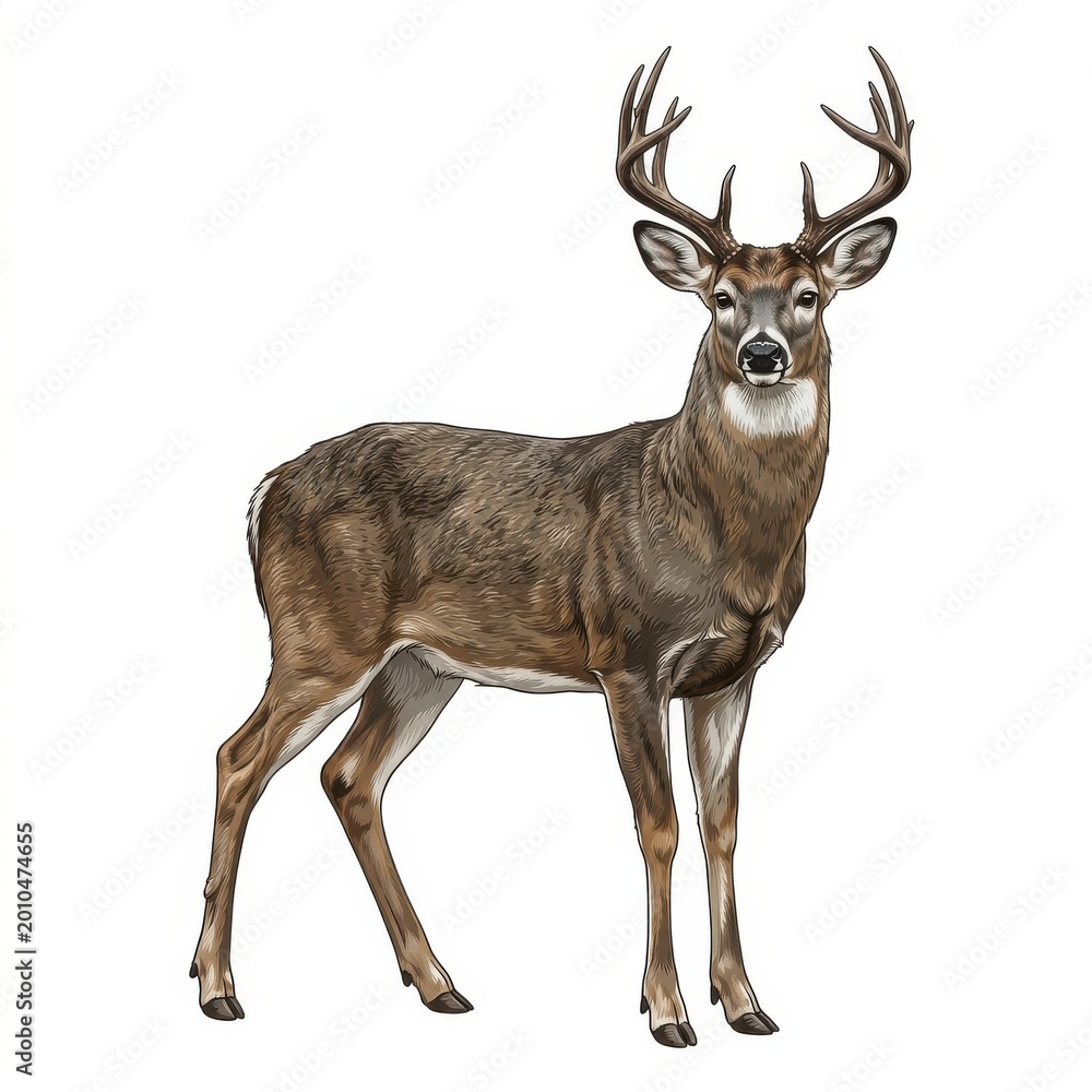 Fototapeta premium Deer with large antlers standing in nature isolated on white background