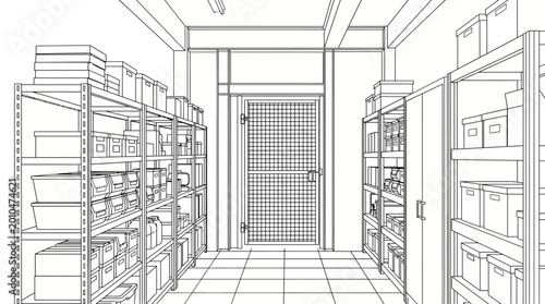 A detailed line drawing of a storage room filled with shelves packed with boxes and containers, leading to a closed door.