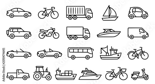 Fotografi Minimal transportation icon set with cars bikes trucks and boats in simple vecto