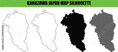 Kanazawa japan map silhouette vector artwork with outline solid black filled and dotted versions isolated on transparent background.