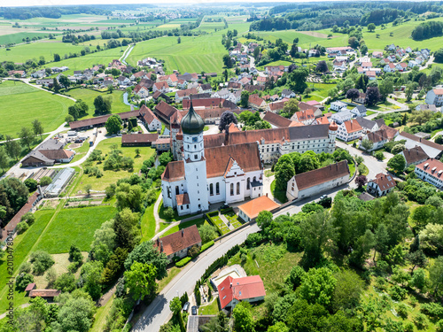 Tableau sur toile Helicopter view, Collegiate Church of Wettenhausen Monastery, Kammeltal, Swabia,