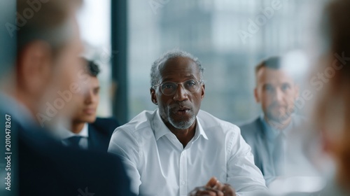 Strategic Discussion: A seasoned executive leads a board meeting, immersed in an engaging discussion with his colleagues, showcasing collaboration and thoughtful conversation.