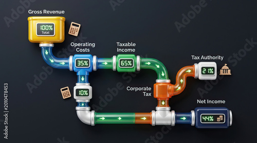 Gross revenue flows through operating costs and taxable income, then corporate tax is deducted before reaching net income, illustrating financial distribution with colorful pipeline nodes