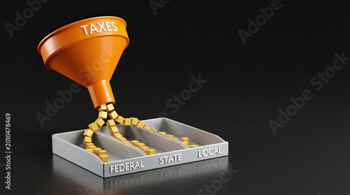 Taxes funnel directing gold cubes into federal, state, and local trays, symbolizing tax distribution and financial allocation in conceptual 3D illustration