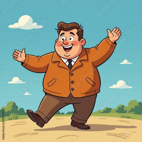 Happy cartoon man dancing outdoors with a cheerful expression  