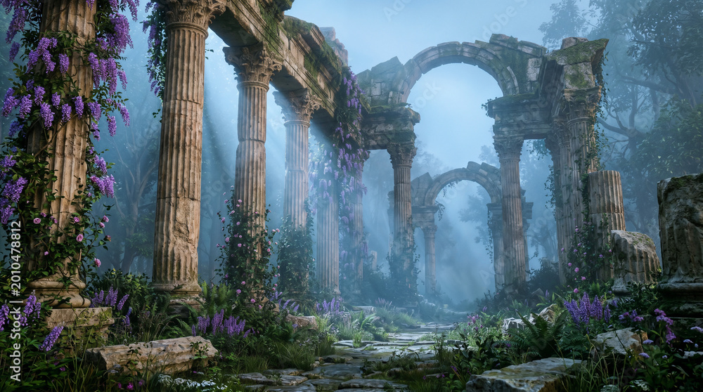 Naklejka premium Towering ancient stone columns and arches draped in cascading purple wisteria stand amid a misty forest, creating a mystical and ethereal atmospheric scene.